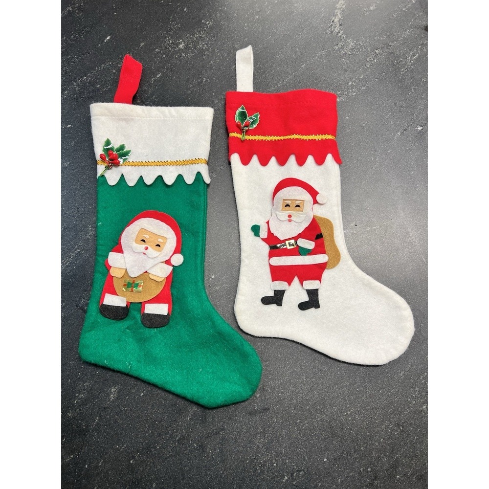 Lot Of 2 Vtg 15" Felt Christmas Stockings Santa‎ Applique Red Green Retro